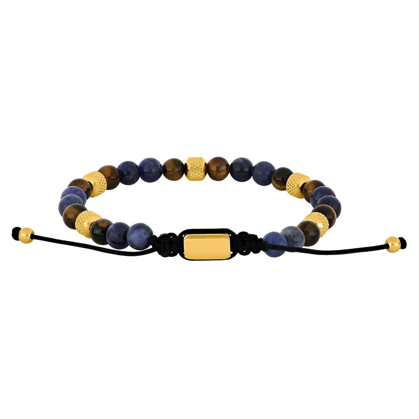 Son of Noa armbånd fra Nordahl Andersen i IP forgyldt stål med sodalit og tigerøje perler, justérbart 19–25 cm.